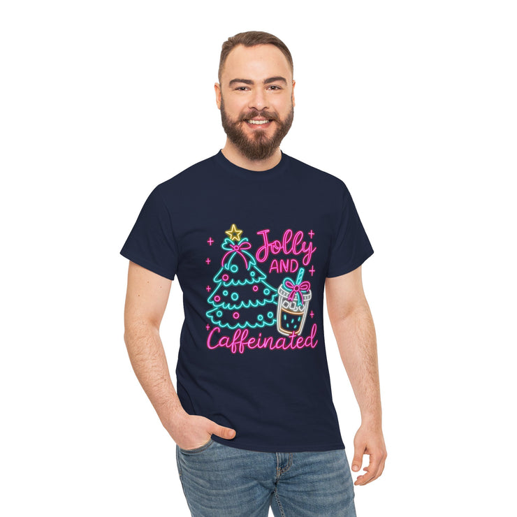 Jolly and Caffeinated Tee, Fun Holiday T-Shirt, Christmas Shirt, Unique Gift, Comfortable Cotton Tee, Festive Apparel