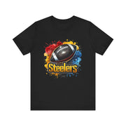 Steelers Football Splash Tee | Unisex Short Sleeve Shirt for Game Day, Sports Fan, Gift for Him, Tailgate Party, Sports Design