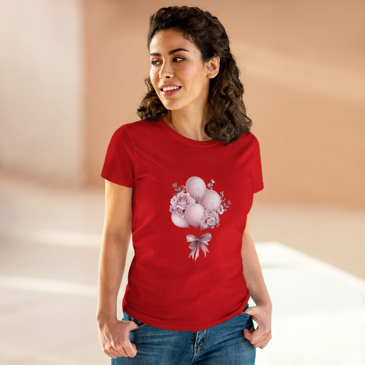 Women's Floral Balloon Tee, Cute Graphic Tee, Birthday Gift, Casual Cotton Shirt, Everyday Wear, Floral Design