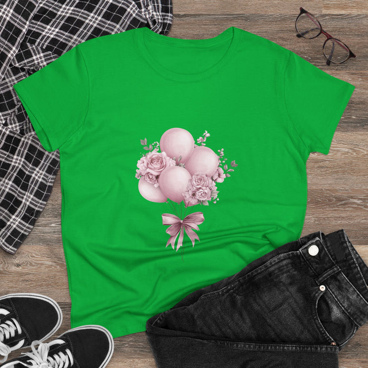 Women's Floral Balloon Tee, Cute Graphic Tee, Birthday Gift, Casual Cotton Shirt, Everyday Wear, Floral Design