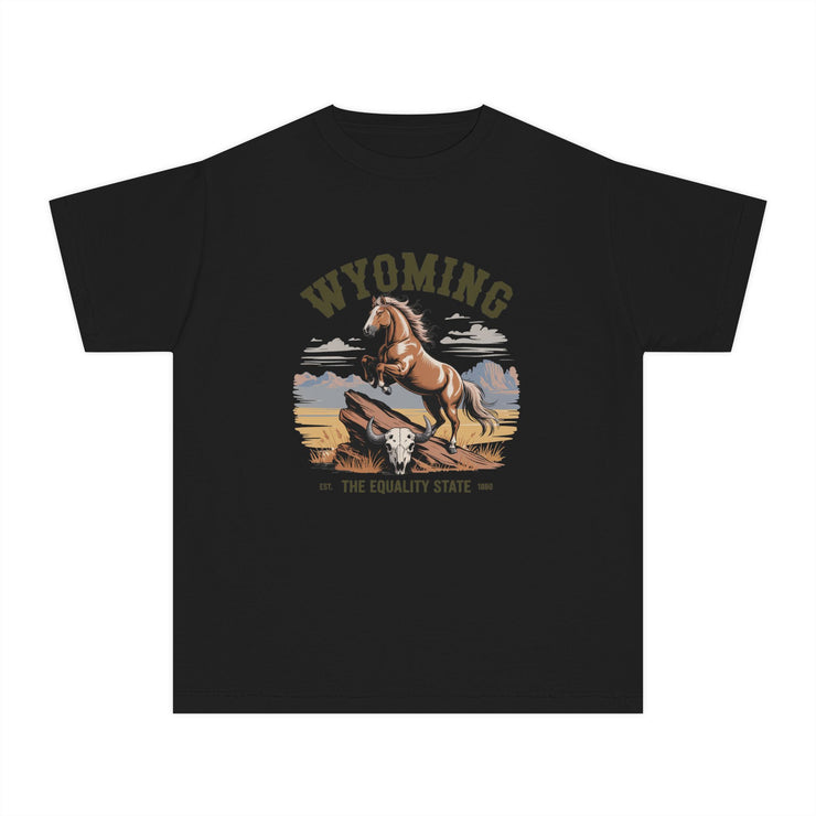 Wyoming Horse Youth Tee, Casual T-Shirt, Kids Graphic Tee, USA States Design, Horse Lover Gift, State Pride Apparel