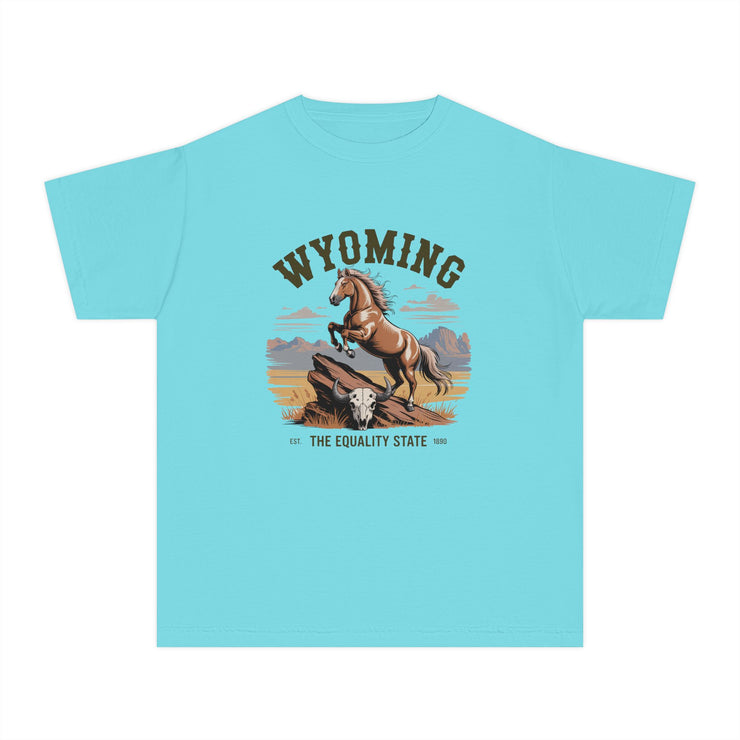 Wyoming Horse Youth Tee, Casual T-Shirt, Kids Graphic Tee, USA States Design, Horse Lover Gift, State Pride Apparel