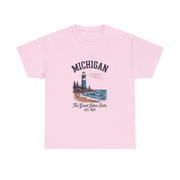 Michigan Lighthouse Unisex Heavy Cotton Tee, Great Lakes State Shirt, Gift for Travelers, Summer Casual Wear, Lakeshore Tee, USA States Design