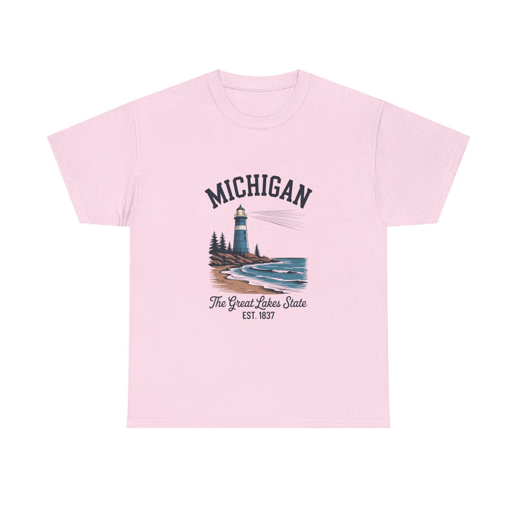 Michigan Lighthouse Unisex Heavy Cotton Tee, Great Lakes State Shirt, Gift for Travelers, Summer Casual Wear, Lakeshore Tee, USA States Design