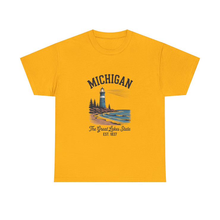 Michigan Lighthouse Unisex Heavy Cotton Tee, Great Lakes State Shirt, Gift for Travelers, Summer Casual Wear, Lakeshore Tee, USA States Design