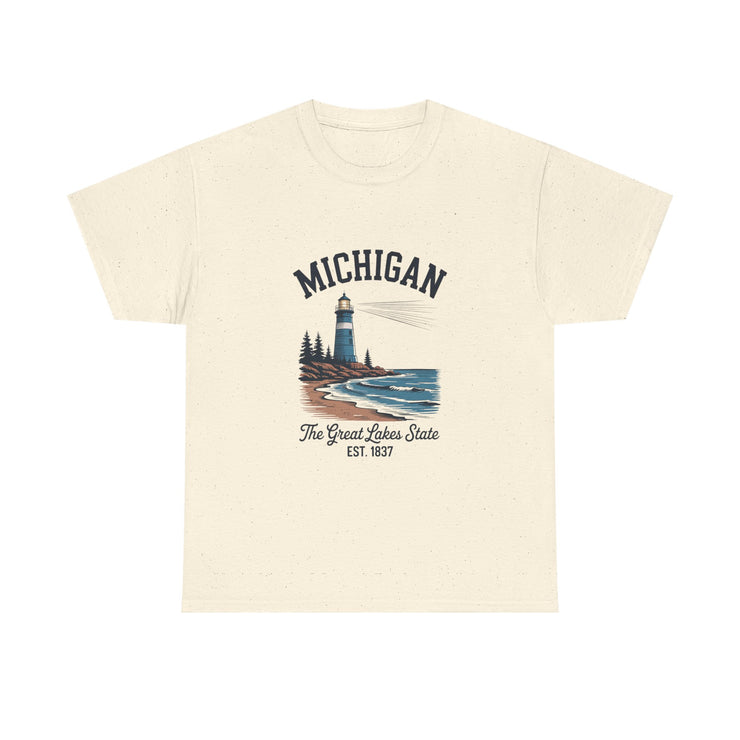 Michigan Lighthouse Unisex Heavy Cotton Tee, Great Lakes State Shirt, Gift for Travelers, Summer Casual Wear, Lakeshore Tee, USA States Design