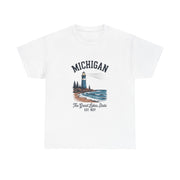 Michigan Lighthouse Unisex Heavy Cotton Tee, Great Lakes State Shirt, Gift for Travelers, Summer Casual Wear, Lakeshore Tee, USA States Design