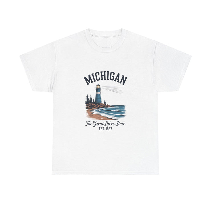 Michigan Lighthouse Unisex Heavy Cotton Tee, Great Lakes State Shirt, Gift for Travelers, Summer Casual Wear, Lakeshore Tee, USA States Design