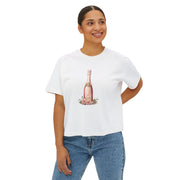 Chic Women's Boxy Tee with Champagne Bottle Design, Casual T-Shirt, Wedding Gift, Brunch Outfit, Floral Tee, Summer Style