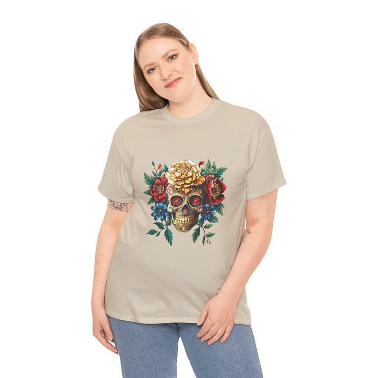 Floral Skull Tee - Unisex Heavy Cotton | Boho Style Shirt, Festival Wear, Gothic Aesthetic, Unique Gift, Casual Everyday Top