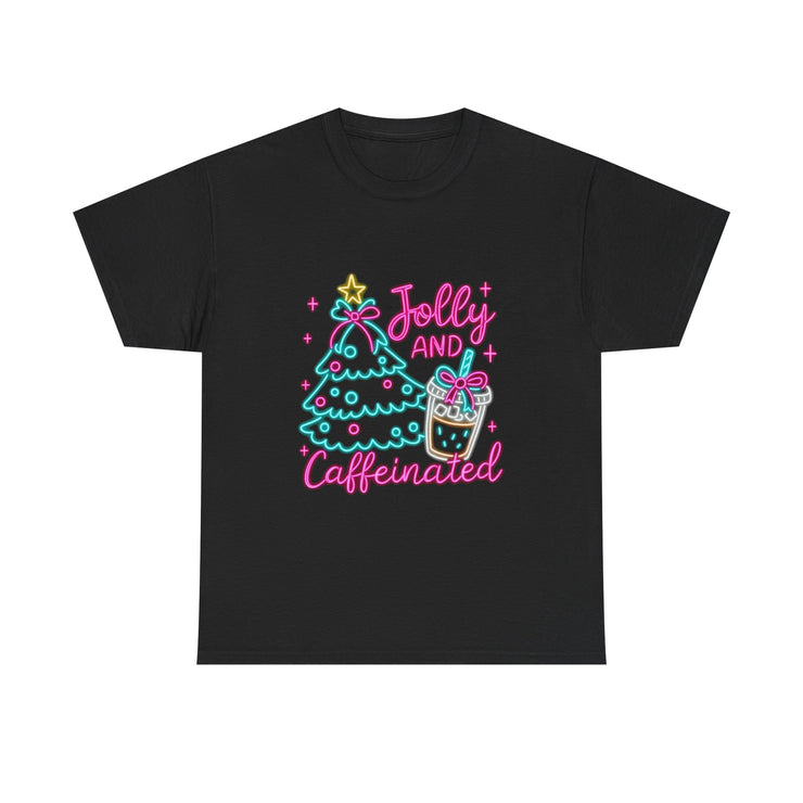Jolly and Caffeinated Tee, Fun Holiday T-Shirt, Christmas Shirt, Unique Gift, Comfortable Cotton Tee, Festive Apparel