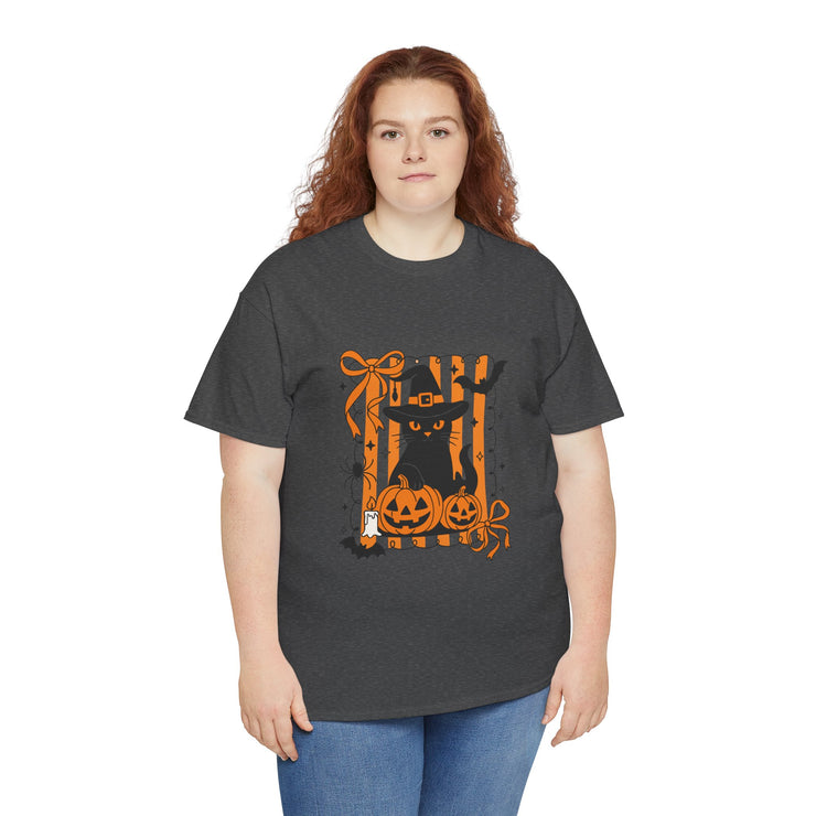 Halloween Cat Tee, Unisex Heavy Cotton Tee, Spooky Season Shirt, Fall Festivity Apparel, Pumpkin Lover Gift