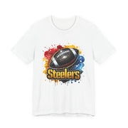 Steelers Football Splash Tee | Unisex Short Sleeve Shirt for Game Day, Sports Fan, Gift for Him, Tailgate Party, Sports Design