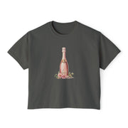 Chic Women's Boxy Tee with Champagne Bottle Design, Casual T-Shirt, Wedding Gift, Brunch Outfit, Floral Tee, Summer Style