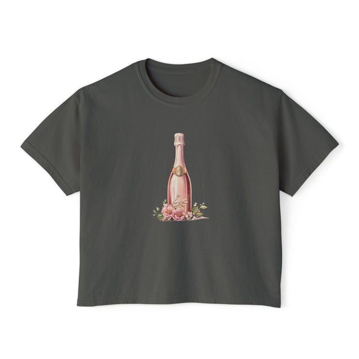 Chic Women's Boxy Tee with Champagne Bottle Design, Casual T-Shirt, Wedding Gift, Brunch Outfit, Floral Tee, Summer Style
