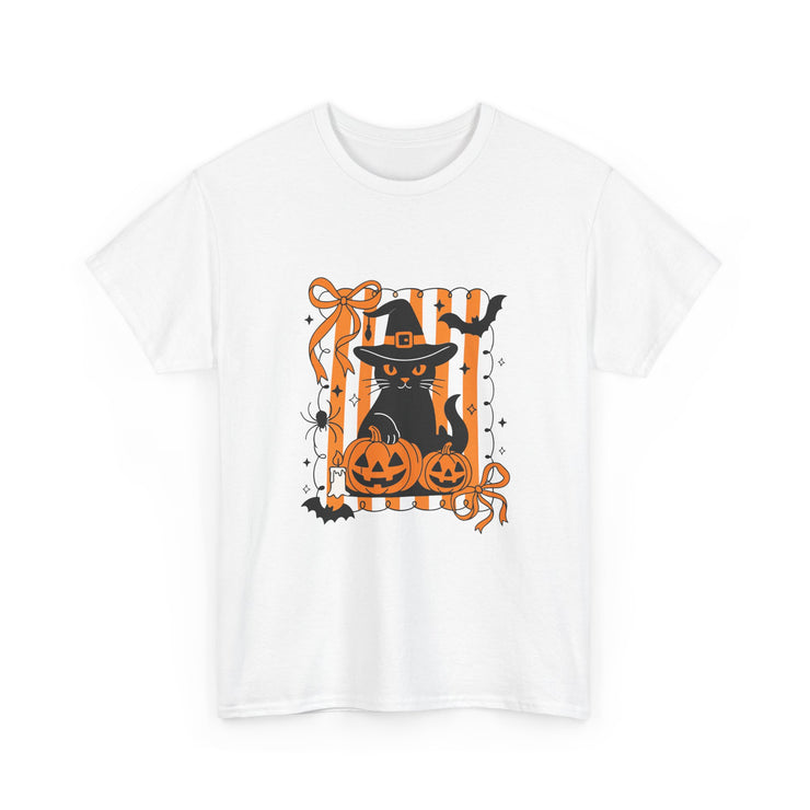 Halloween Cat Tee, Unisex Heavy Cotton Tee, Spooky Season Shirt, Fall Festivity Apparel, Pumpkin Lover Gift