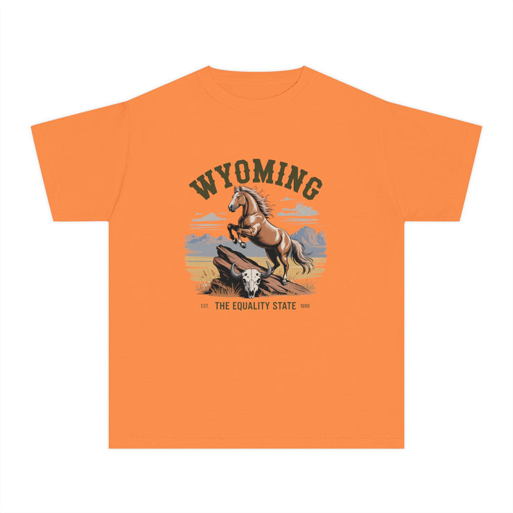 Wyoming Horse Youth Tee, Casual T-Shirt, Kids Graphic Tee, USA States Design, Horse Lover Gift, State Pride Apparel