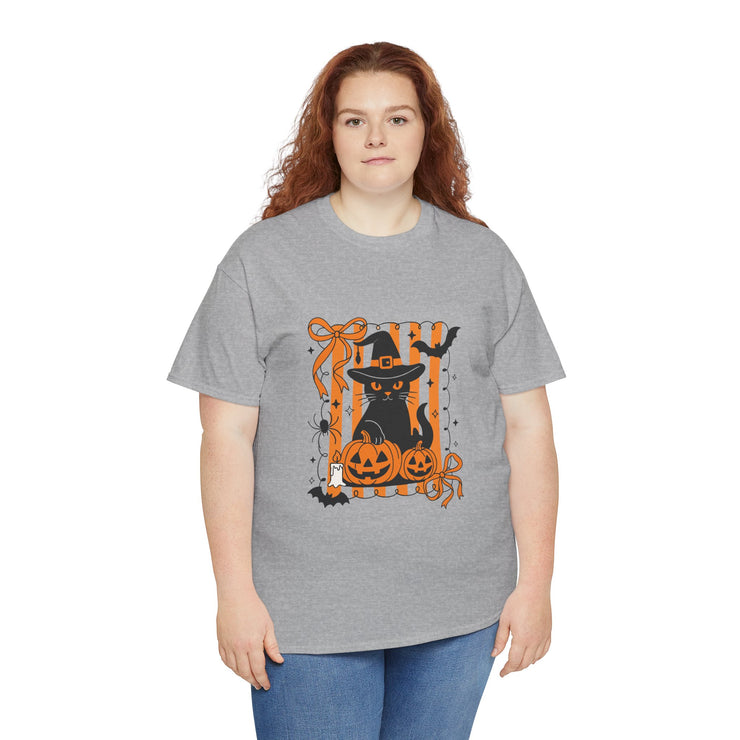 Halloween Cat Tee, Unisex Heavy Cotton Tee, Spooky Season Shirt, Fall Festivity Apparel, Pumpkin Lover Gift