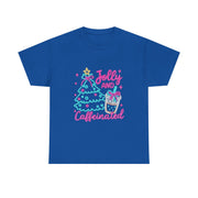 Jolly and Caffeinated Tee, Fun Holiday T-Shirt, Christmas Shirt, Unique Gift, Comfortable Cotton Tee, Festive Apparel