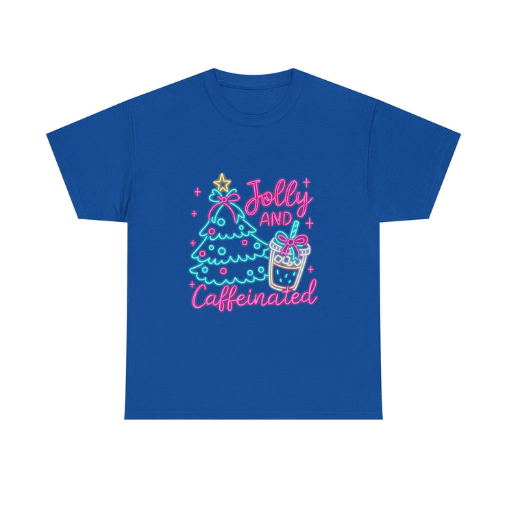 Jolly and Caffeinated Tee, Fun Holiday T-Shirt, Christmas Shirt, Unique Gift, Comfortable Cotton Tee, Festive Apparel