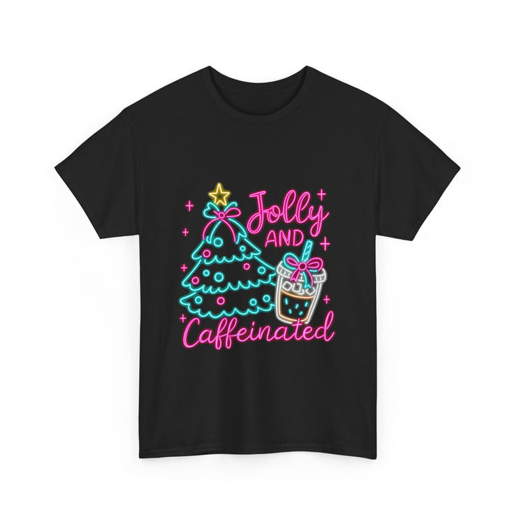 Jolly and Caffeinated Tee, Fun Holiday T-Shirt, Christmas Shirt, Unique Gift, Comfortable Cotton Tee, Festive Apparel