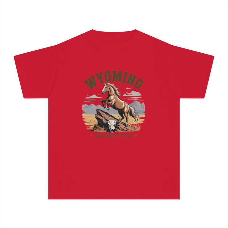 Wyoming Horse Youth Tee, Casual T-Shirt, Kids Graphic Tee, USA States Design, Horse Lover Gift, State Pride Apparel