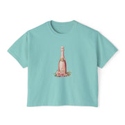 Chic Women's Boxy Tee with Champagne Bottle Design, Casual T-Shirt, Wedding Gift, Brunch Outfit, Floral Tee, Summer Style