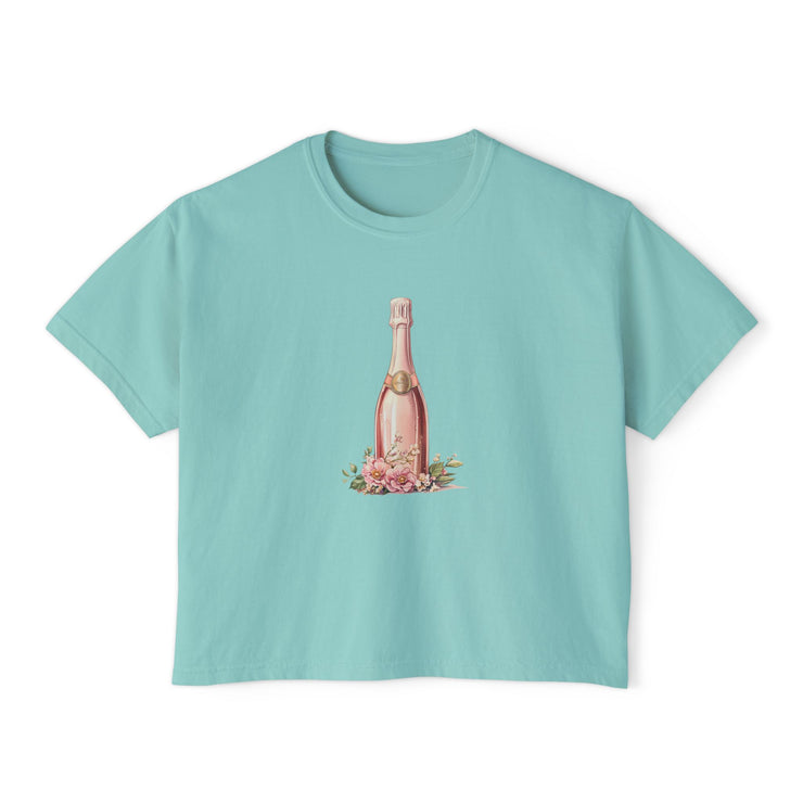 Chic Women's Boxy Tee with Champagne Bottle Design, Casual T-Shirt, Wedding Gift, Brunch Outfit, Floral Tee, Summer Style