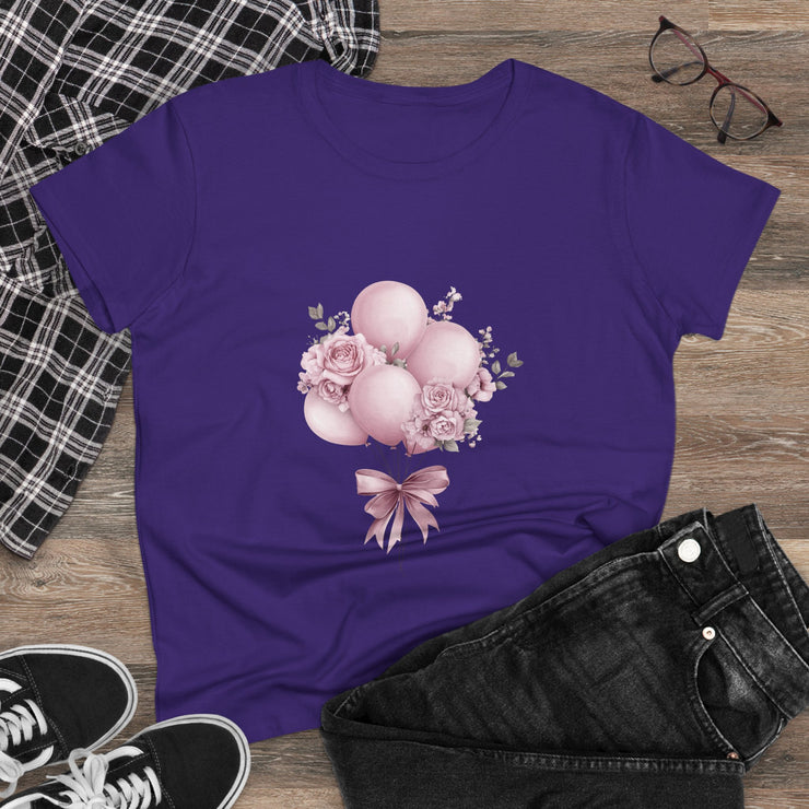Women's Floral Balloon Tee, Cute Graphic Tee, Birthday Gift, Casual Cotton Shirt, Everyday Wear, Floral Design